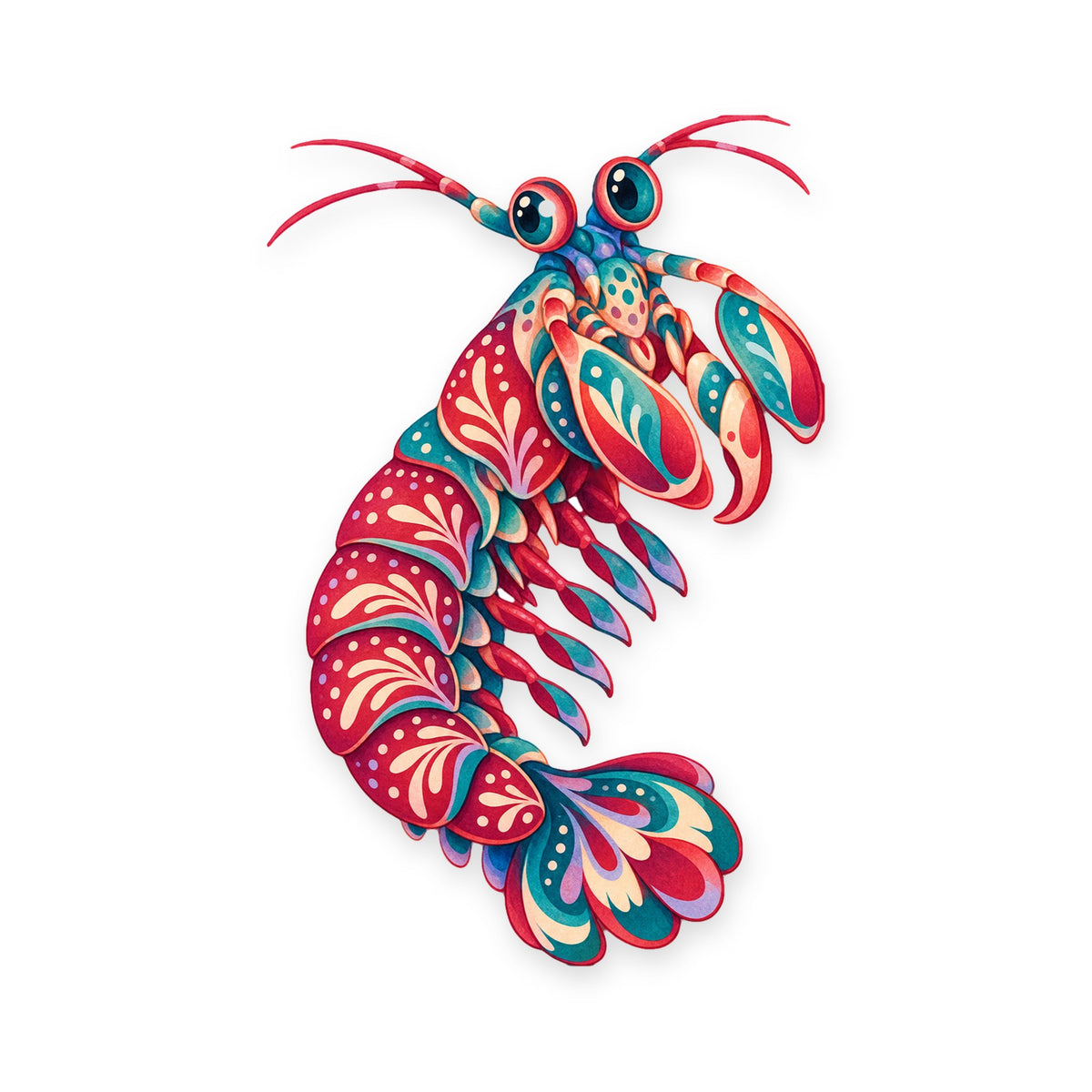 Mantis Shrimp folk art ornament O184 on white, laser-cut maple wood, made in USA
