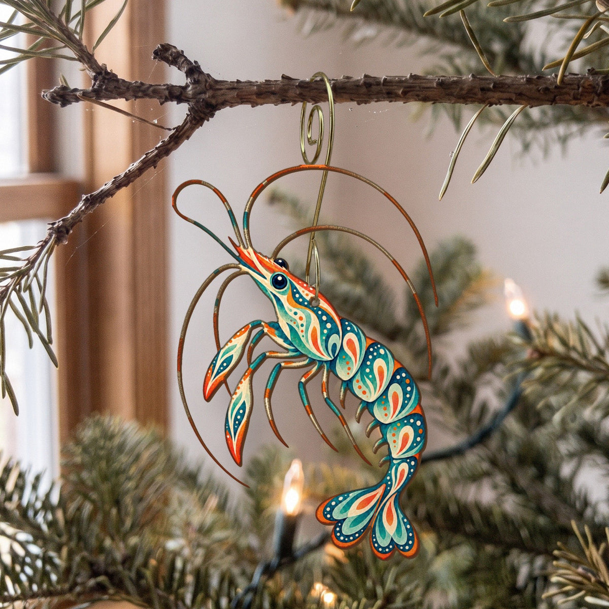Laser-cut maple wood Cleaner Shrimp folk art ornament O185 hanging on a fir branch, made in USA
