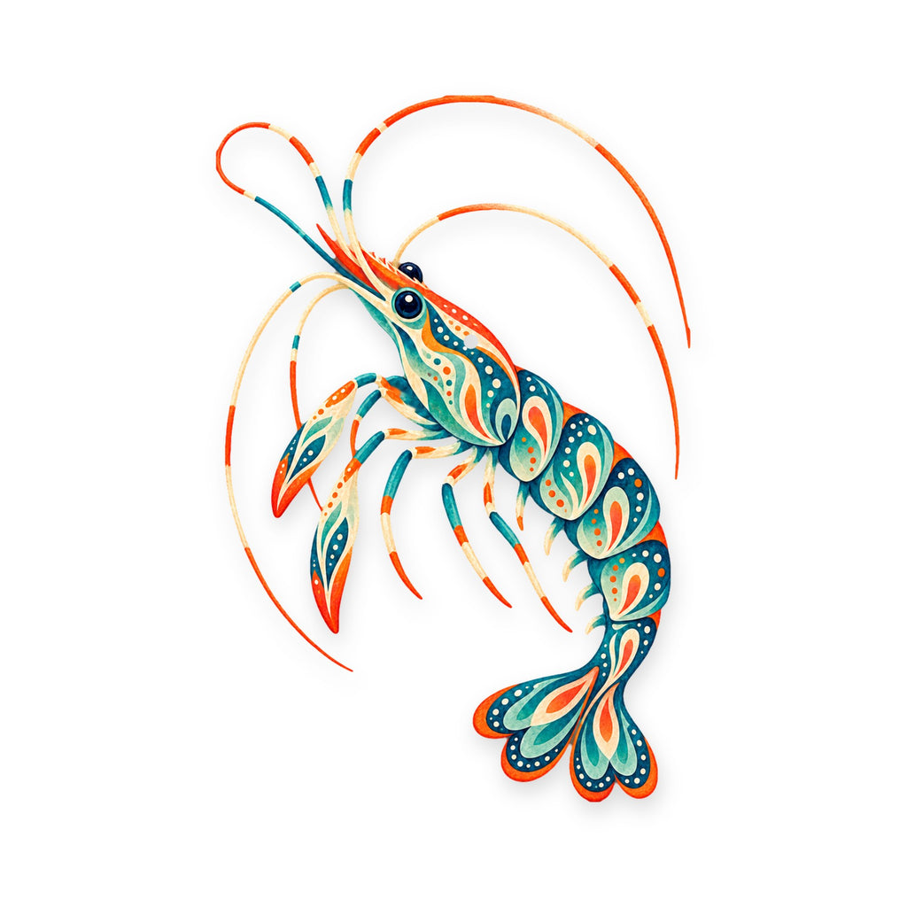 Cleaner Shrimp folk art ornament O185 on white, laser-cut maple wood, made in USA