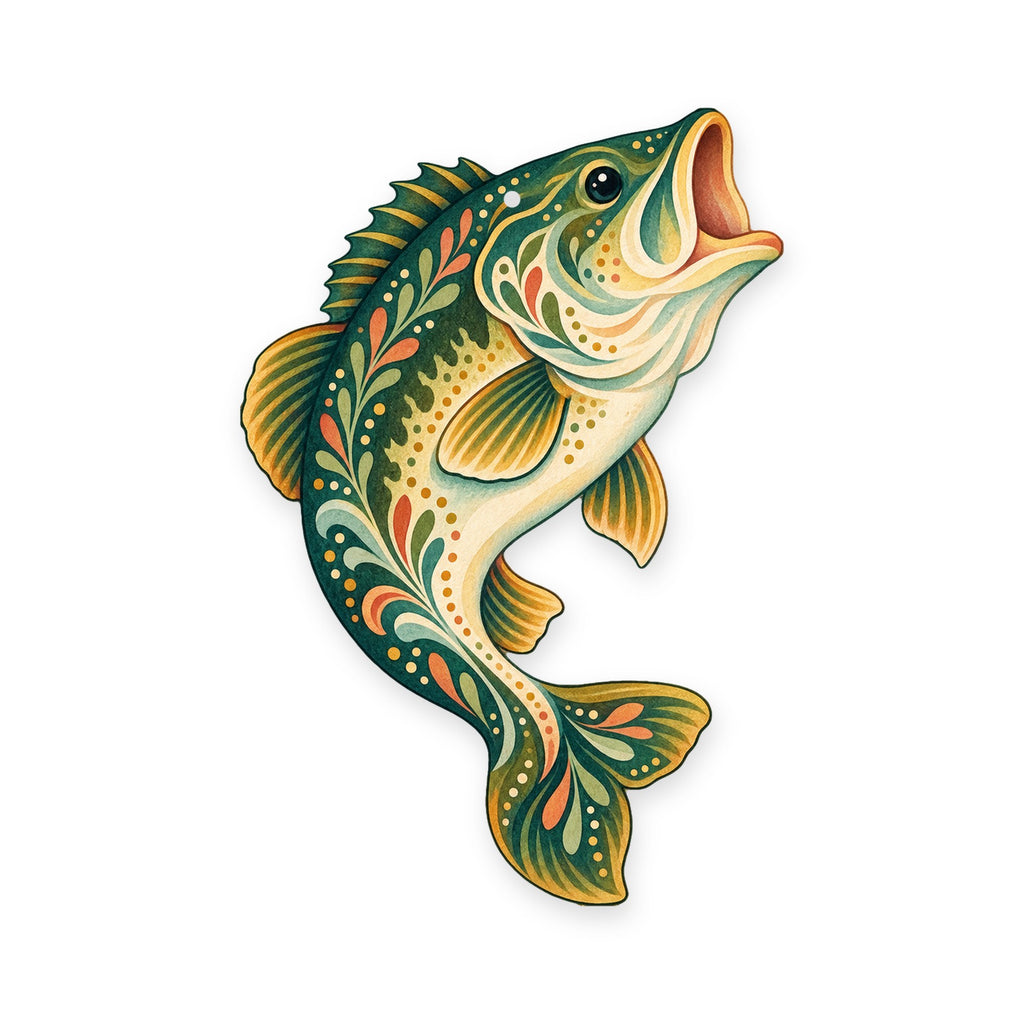 Largemouth Bass folk art ornament O187 on white, laser-cut maple wood, made in USA