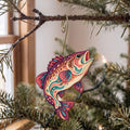 Laser-cut maple wood Smallmouth Bass folk art ornament O188 hanging on a fir branch, made in USA