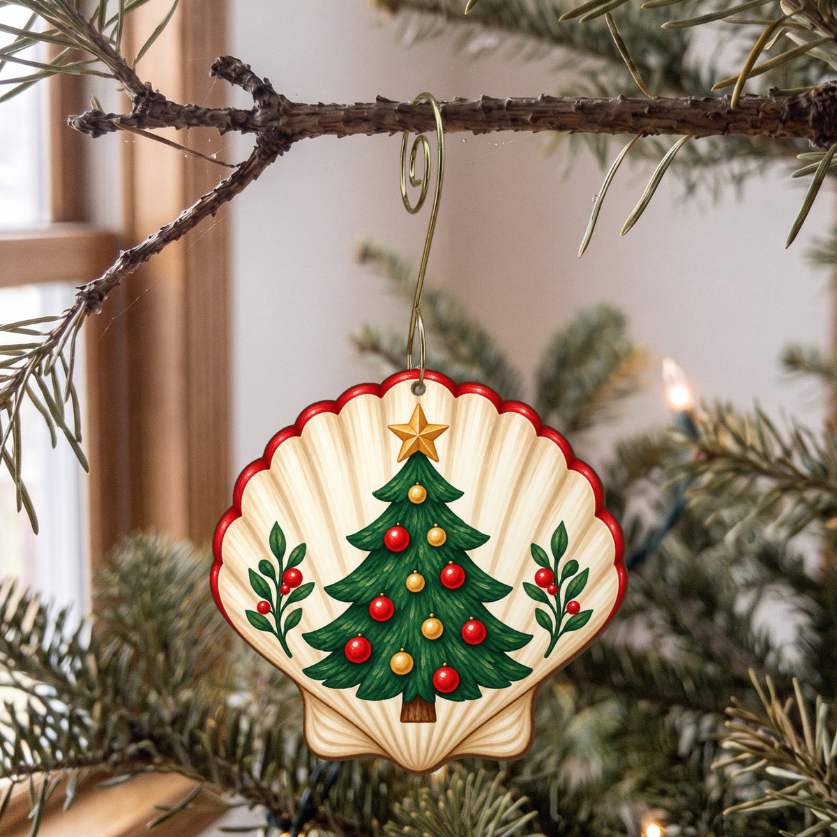 Laser-cut maple wood Christmas ornament O18 hanging on a fir branch, made in USA