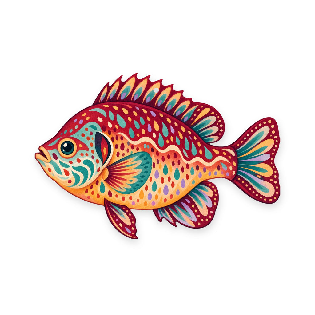 Pumpkinseed Sunfish folk art ornament O190 on white, laser-cut maple wood, made in USA