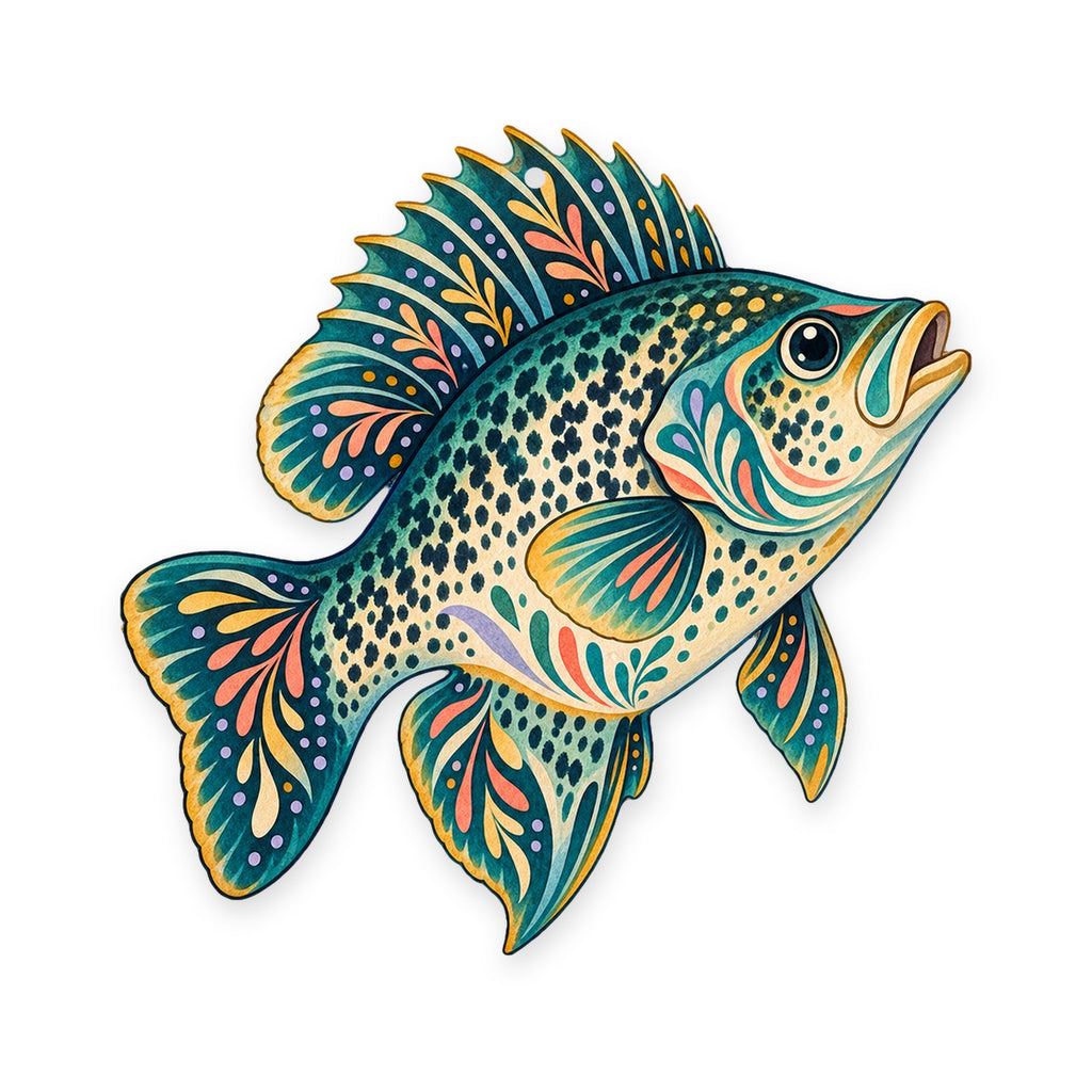 Black Crappie folk art ornament O191 on white, laser-cut maple wood, made in USA