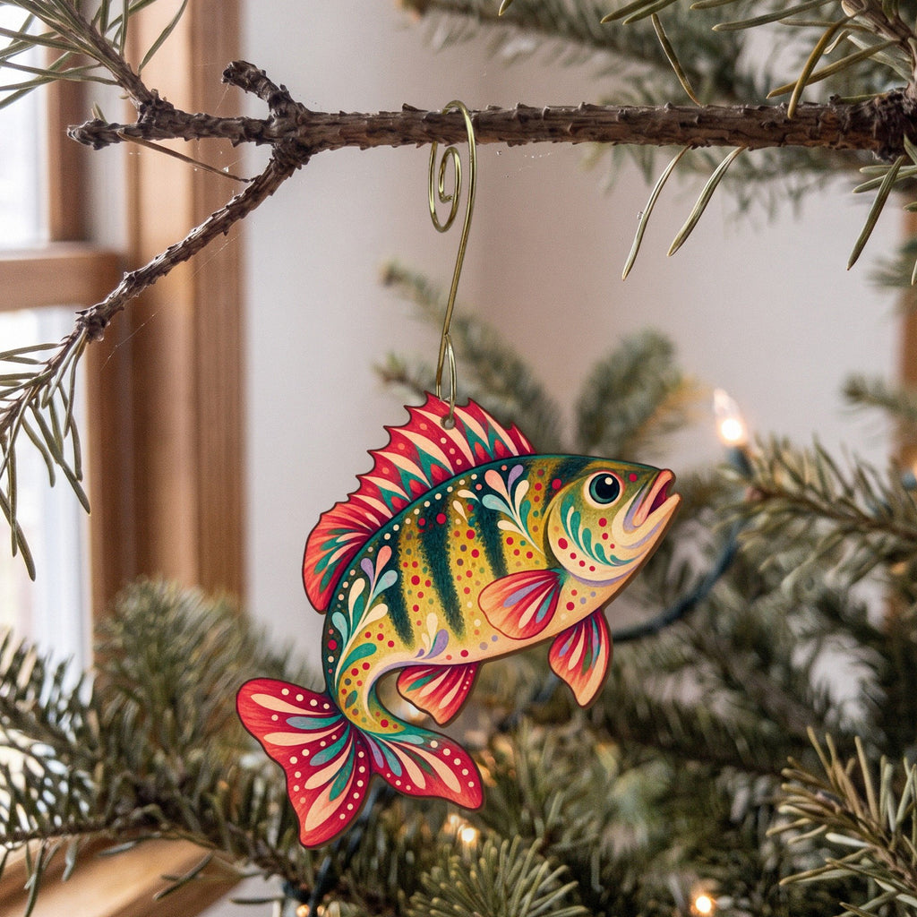 Laser-cut maple wood Yellow Perch folk art ornament O192 hanging on a fir branch, made in USA