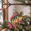 Laser-cut maple wood Yellow Perch folk art ornament O192 hanging on a fir branch, made in USA