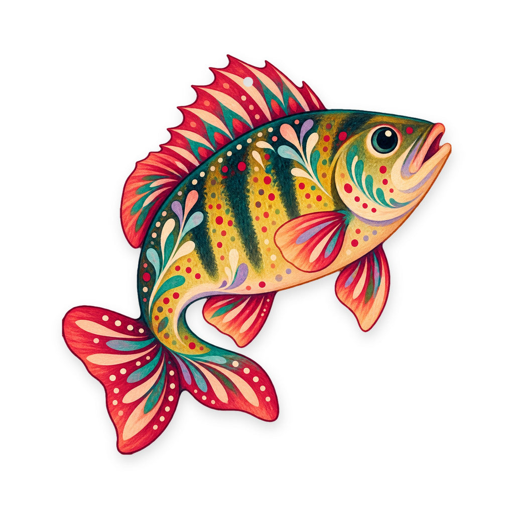 Yellow Perch folk art ornament O192 on white, laser-cut maple wood, made in USA