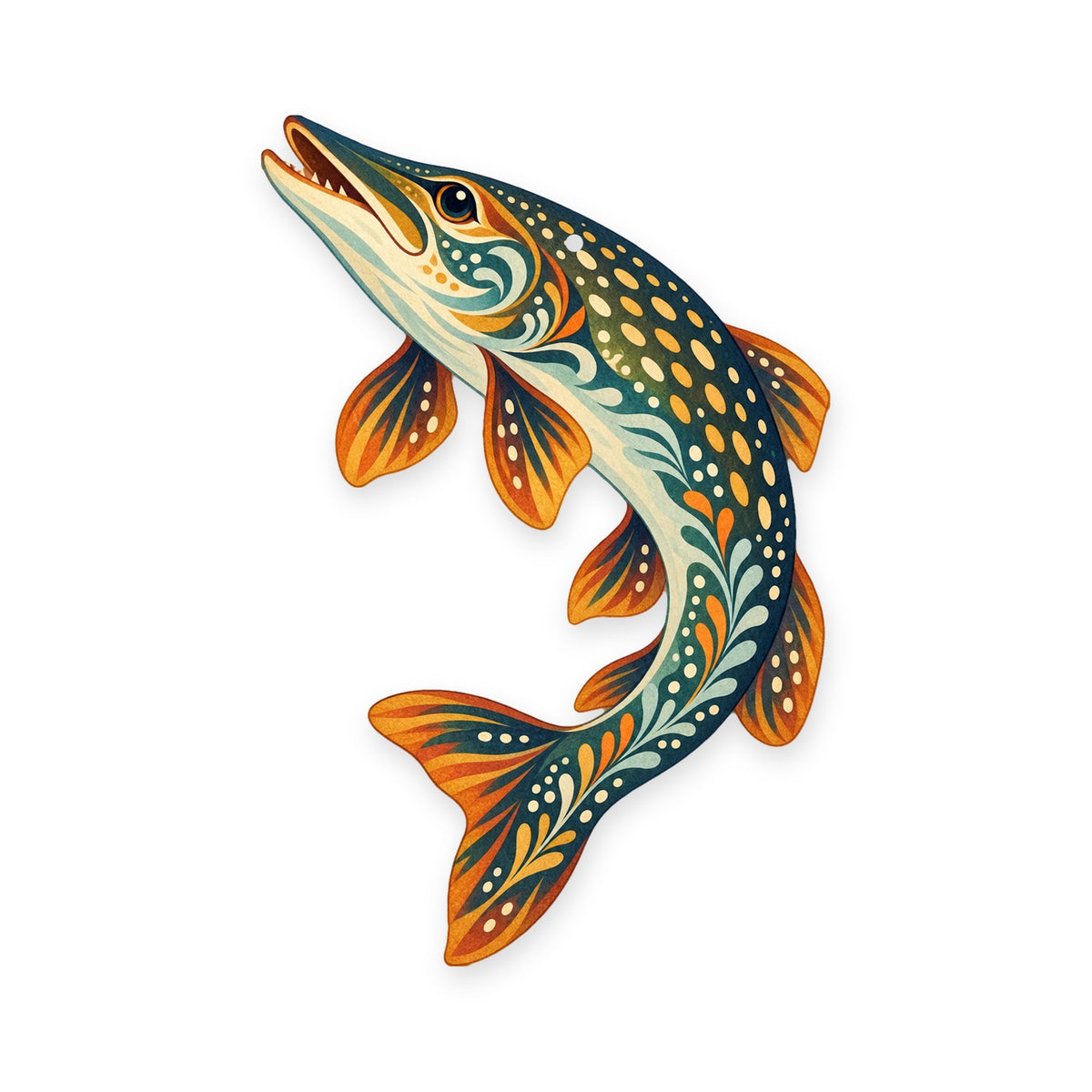 Northern Pike folk art ornament O194 on white, laser-cut maple wood, made in USA