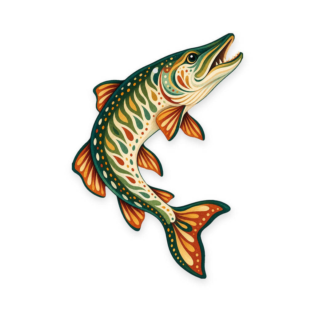 Muskellunge folk art ornament O195 on white, laser-cut maple wood, made in USA