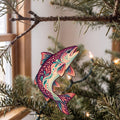 Laser-cut maple wood Lake Trout folk art ornament O196 hanging on a fir branch, made in USA