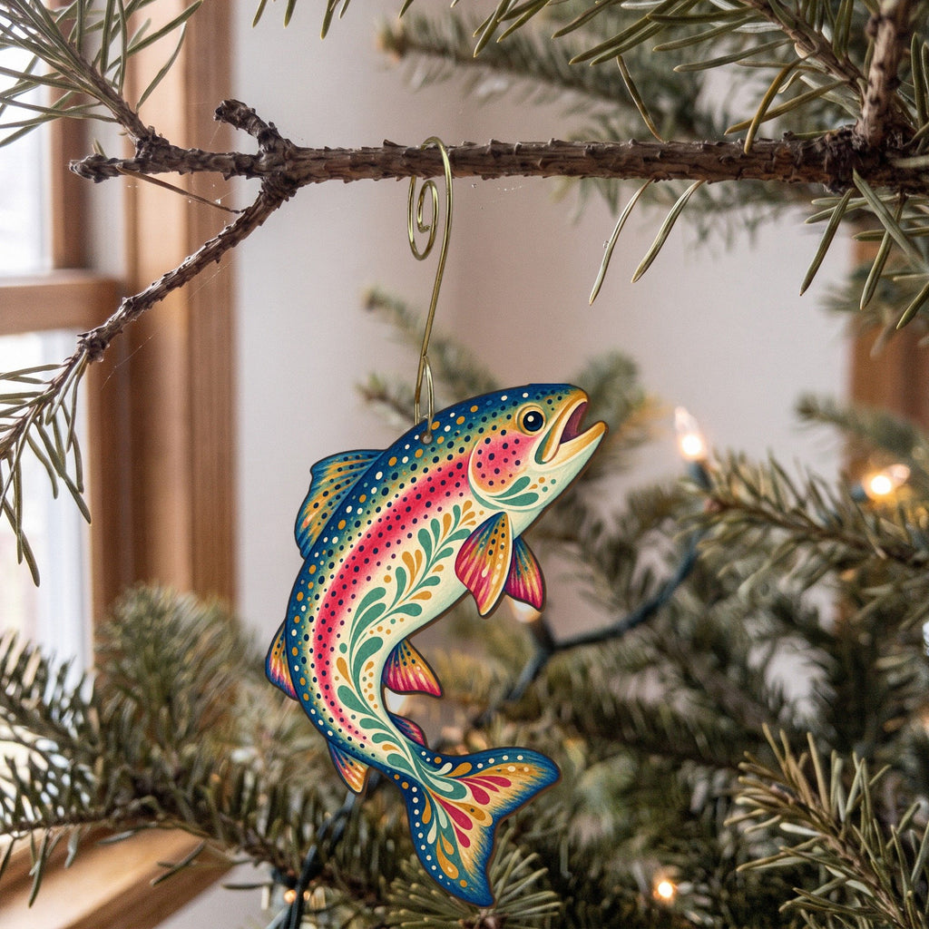 Laser-cut maple wood Rainbow Trout folk art ornament O197 hanging on a fir branch, made in USA