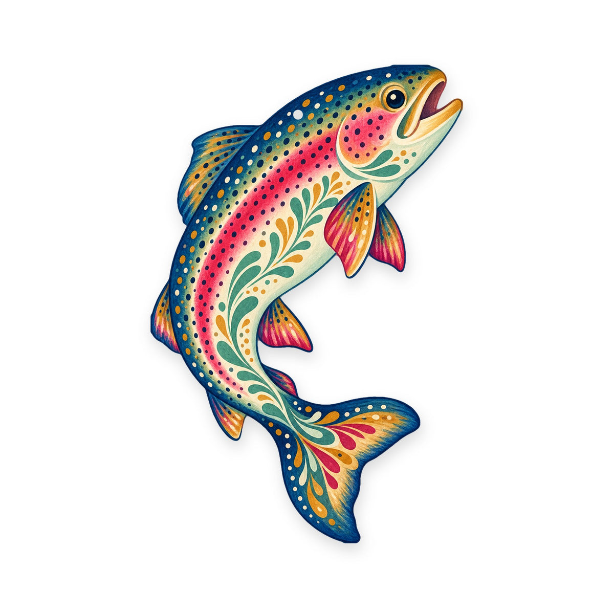 Rainbow Trout folk art ornament O197 on white, laser-cut maple wood, made in USA