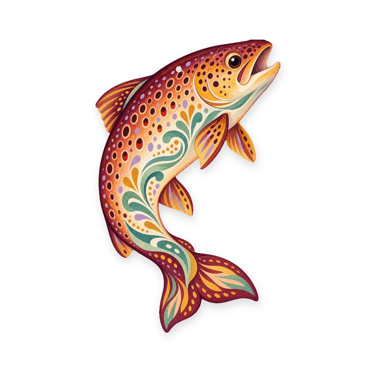 Brown Trout folk art ornament O198 on white, laser-cut maple wood, made in USA