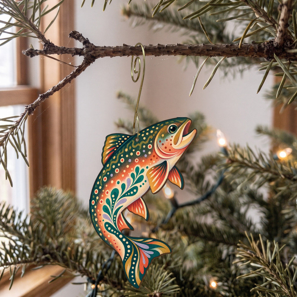 Laser-cut maple wood Brook Trout folk art ornament O199 hanging on a fir branch, made in USA