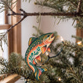 Laser-cut maple wood Brook Trout folk art ornament O199 hanging on a fir branch, made in USA