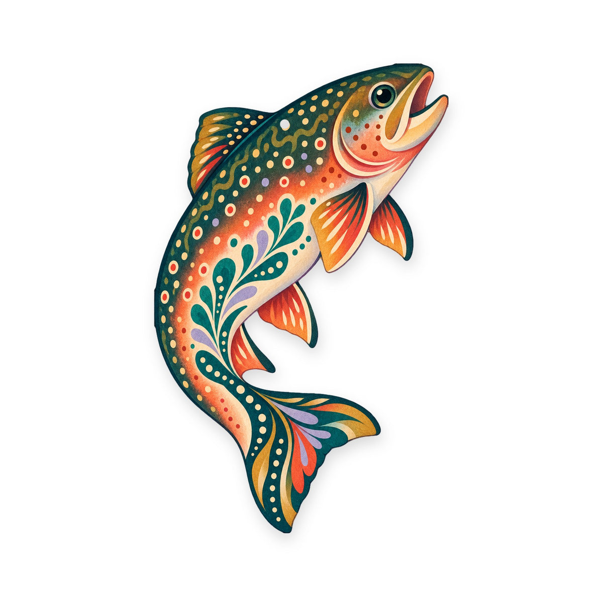 Brook Trout folk art ornament O199 on white, laser-cut maple wood, made in USA