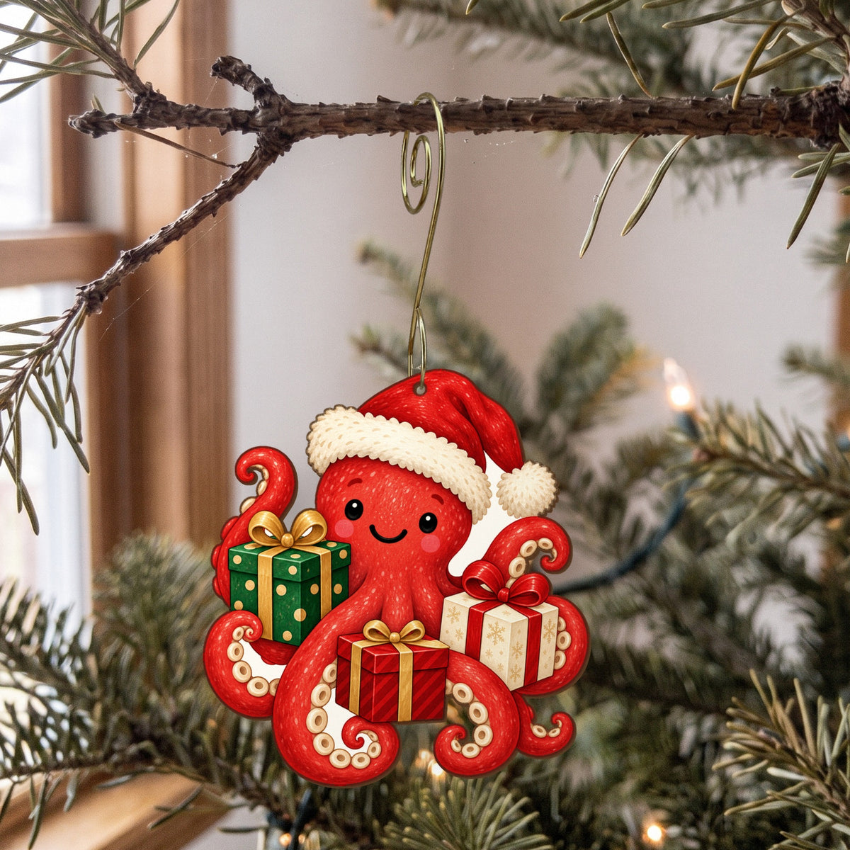 Laser-cut maple wood Christmas ornament O19 hanging on a fir branch, made in USA