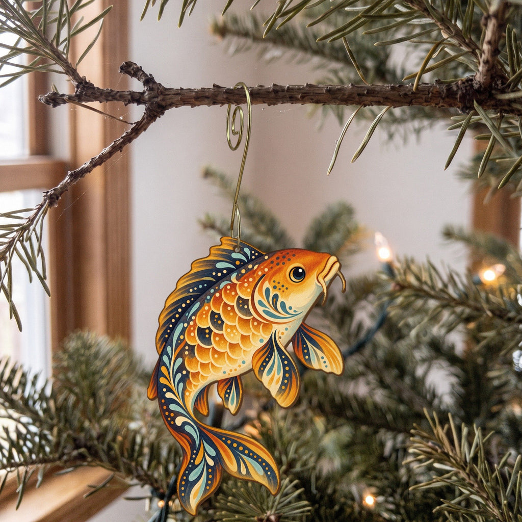 Laser-cut maple wood Common Carp folk art ornament O202 hanging on a fir branch, made in USA