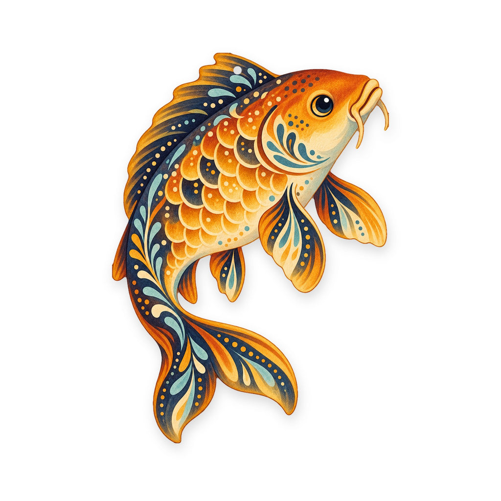 Common Carp folk art ornament O202 on white, laser-cut maple wood, made in USA