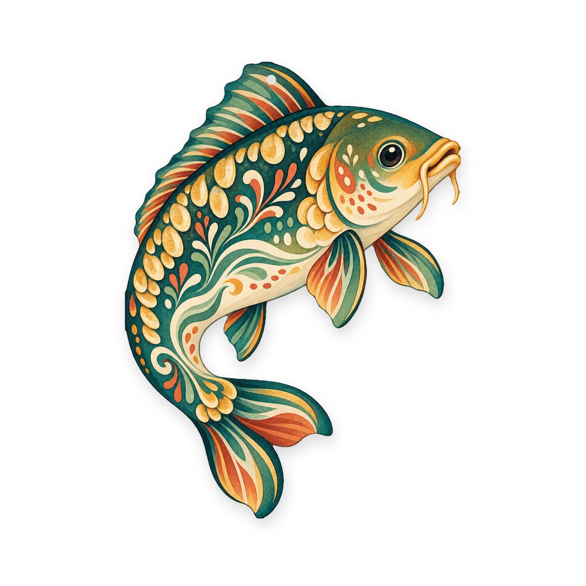 Mirror Carp folk art ornament O203 on white, laser-cut maple wood, made in USA