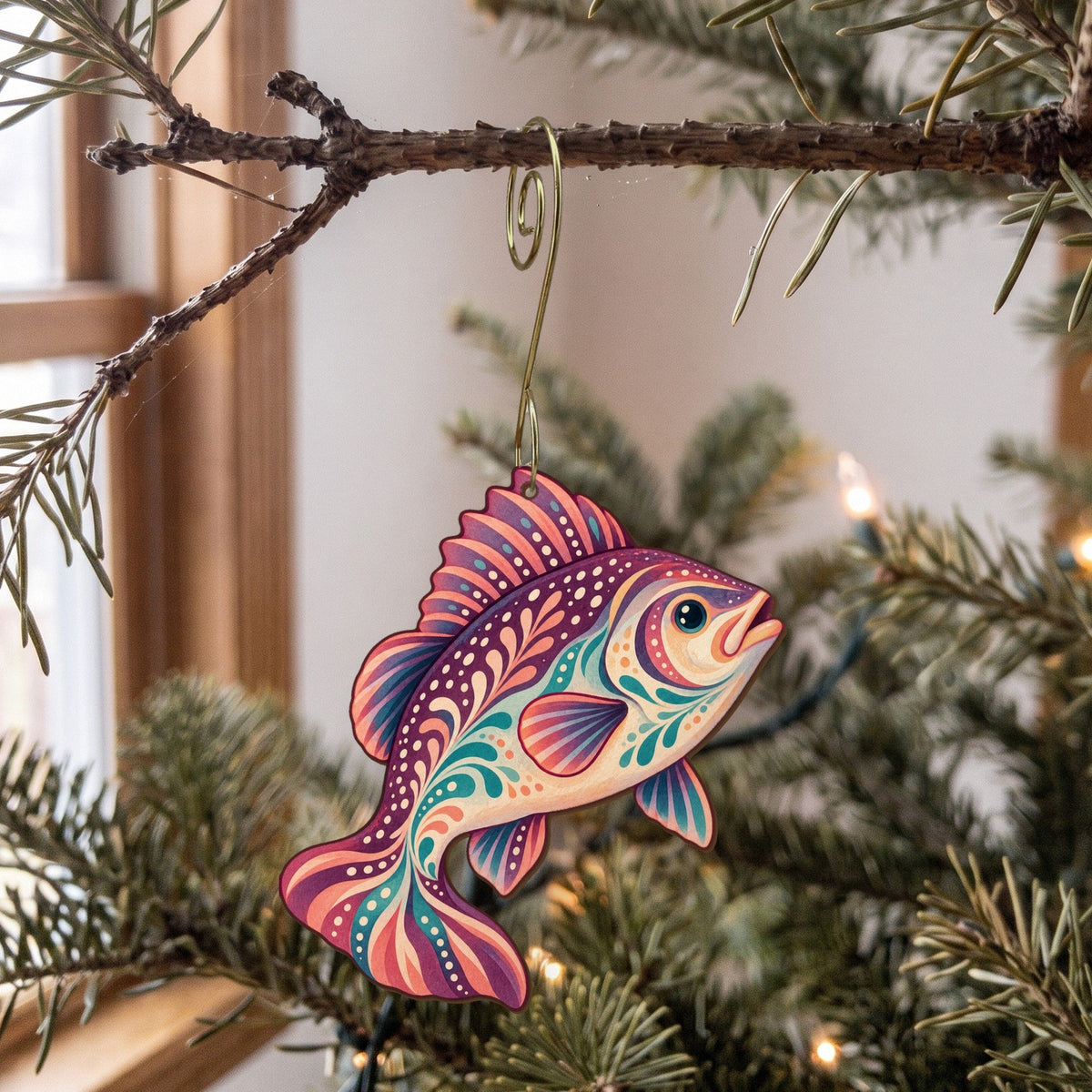 Laser-cut maple wood Freshwater Drum folk art ornament O204 hanging on a fir branch, made in USA