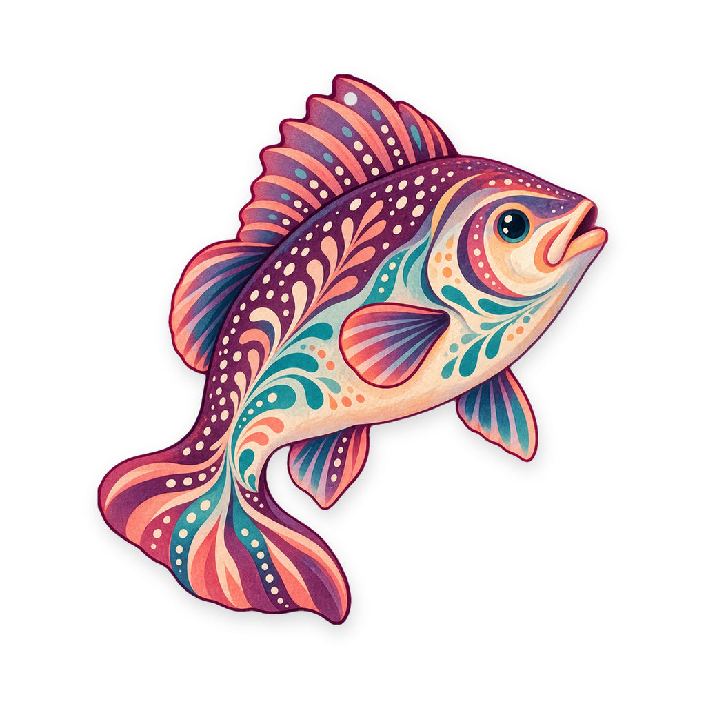 Freshwater Drum folk art ornament O204 on white, laser-cut maple wood, made in USA