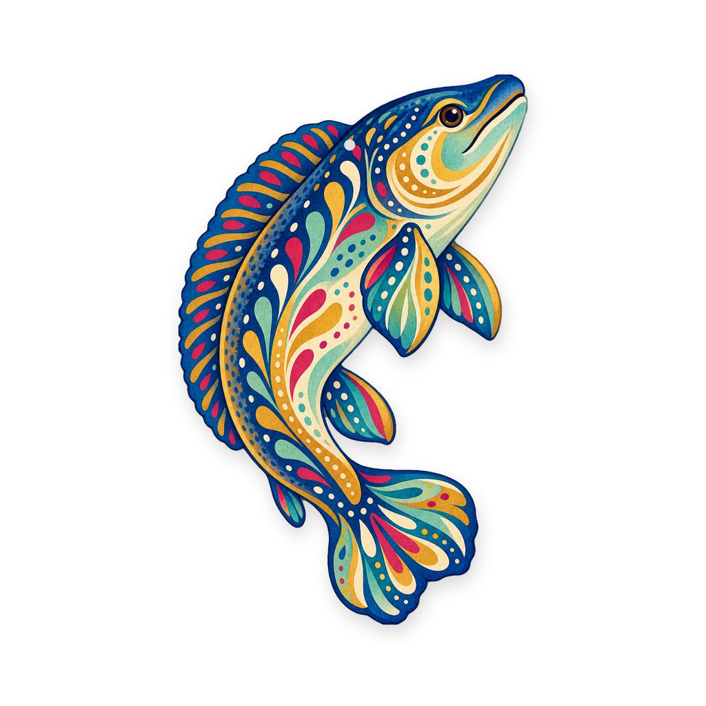 Bowfin folk art ornament O205 on white, laser-cut maple wood, made in USA