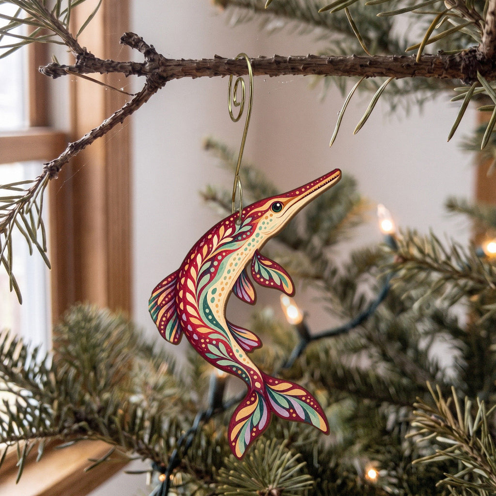 Laser-cut maple wood Longnose Gar folk art ornament O206 hanging on a fir branch, made in USA