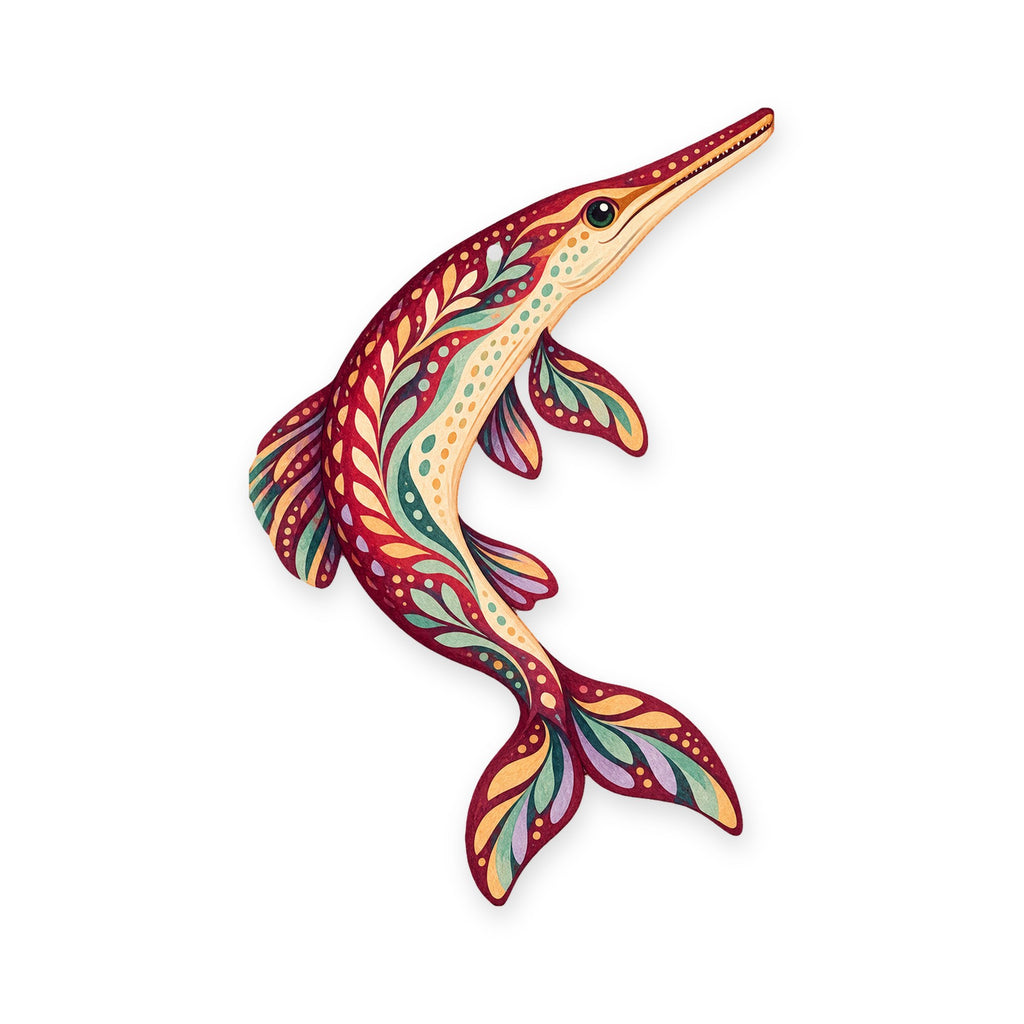 Longnose Gar folk art ornament O206 on white, laser-cut maple wood, made in USA