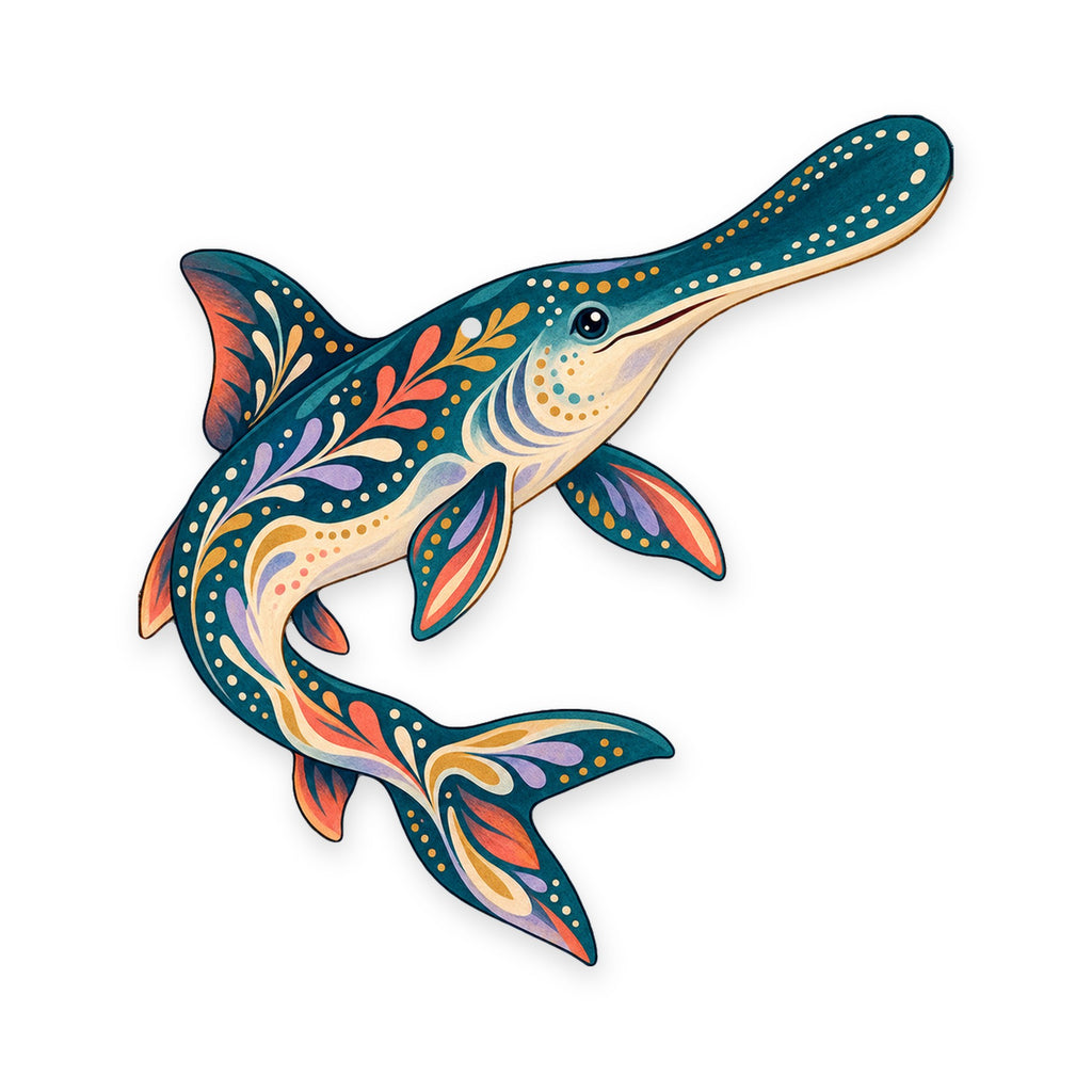 American Paddlefish folk art ornament O207 on white, laser-cut maple wood, made in USA