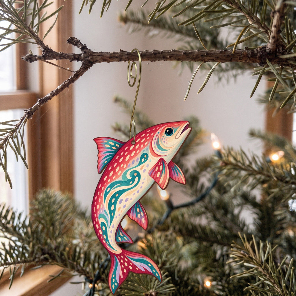 Laser-cut maple wood Lake Whitefish folk art ornament O208 hanging on a fir branch, made in USA