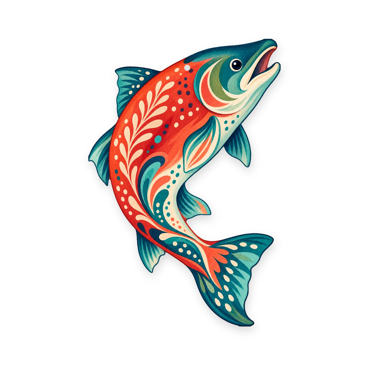 Sockeye Salmon folk art ornament O209 on white, laser-cut maple wood, made in USA