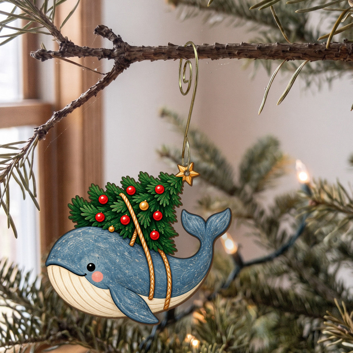 Laser-cut maple wood Christmas ornament O20 hanging on a fir branch, made in USA