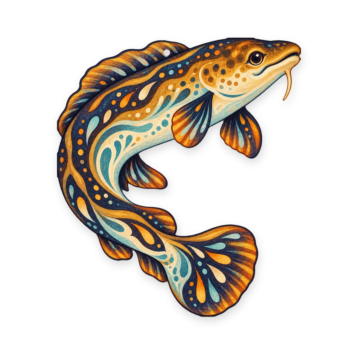 Burbot folk art ornament O210 on white, laser-cut maple wood, made in USA