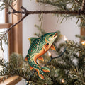 Laser-cut maple wood Arctic Char folk art ornament O211 hanging on a fir branch, made in USA