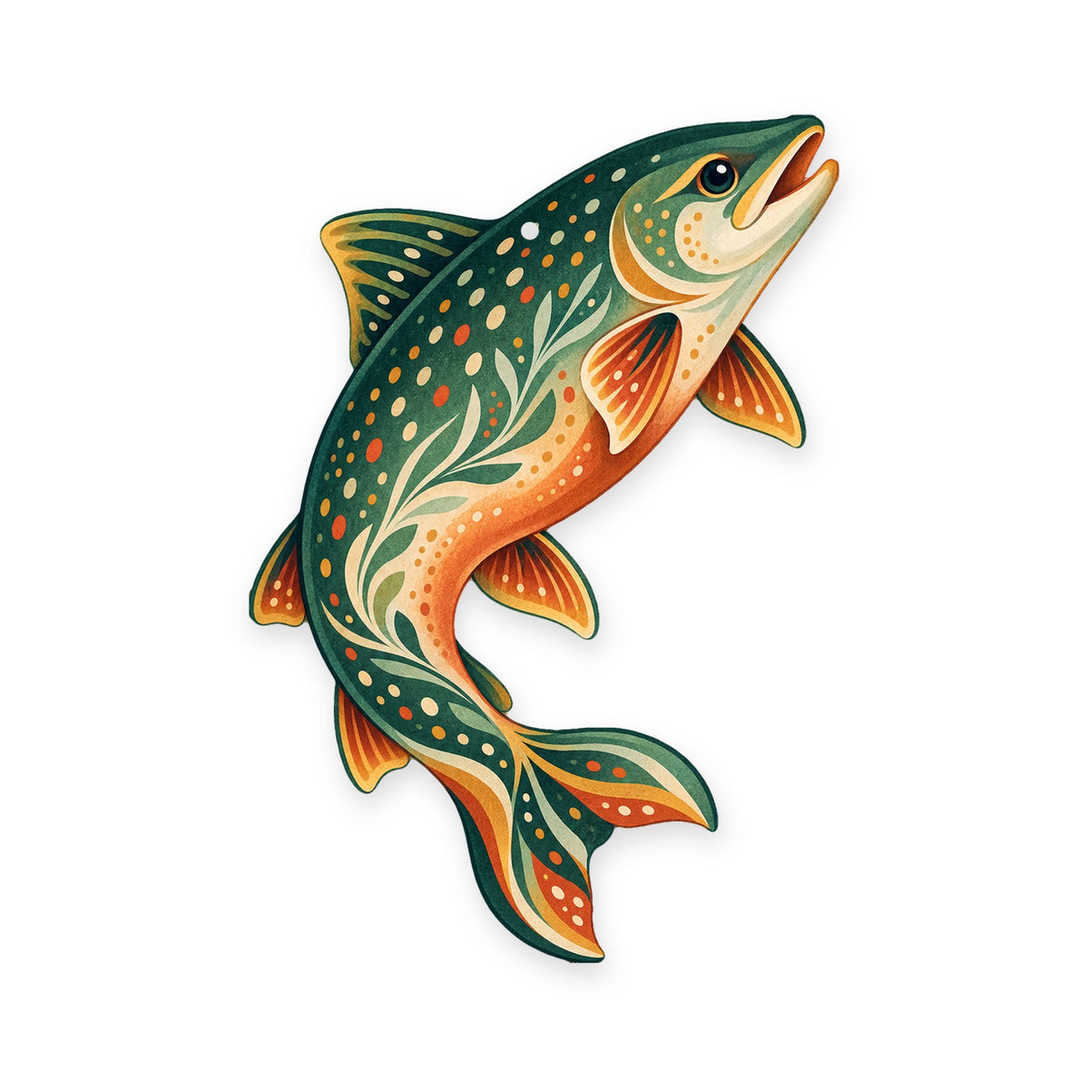 Arctic Char folk art ornament O211 on white, laser-cut maple wood, made in USA