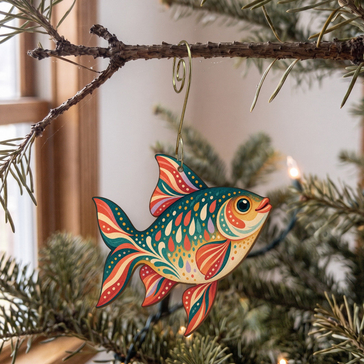 Laser-cut maple wood Rudd Fish folk art ornament O215 hanging on a fir branch, made in USA