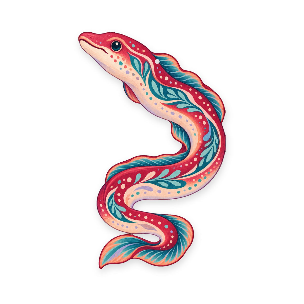 Freshwater Eel folk art ornament O216 on white, laser-cut maple wood, made in USA