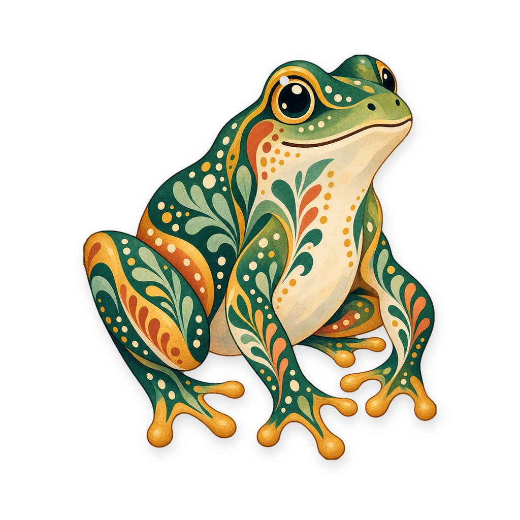 Green Frog folk art ornament O219 on white, laser-cut maple wood, made in USA