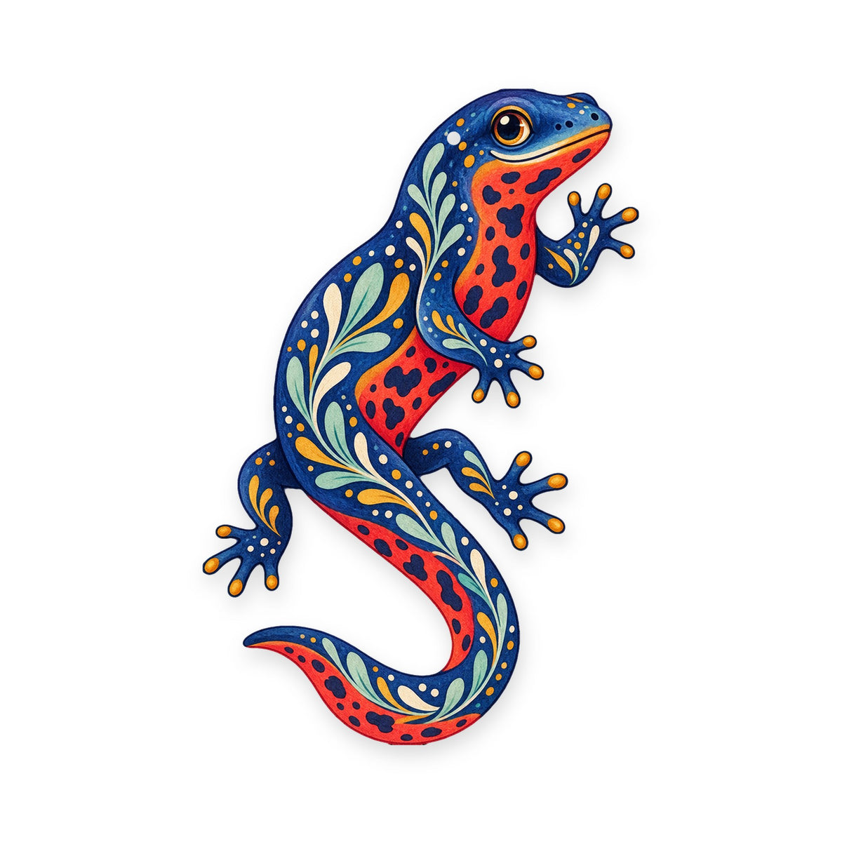 Fire-Bellied Newt folk art ornament O221 on white, laser-cut maple wood, made in USA