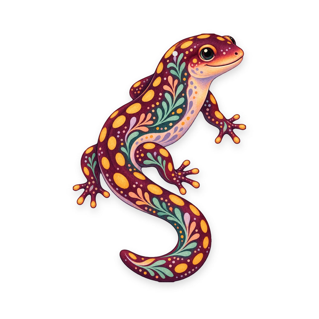 Spotted Salamander folk art ornament O222 on white, laser-cut maple wood, made in USA