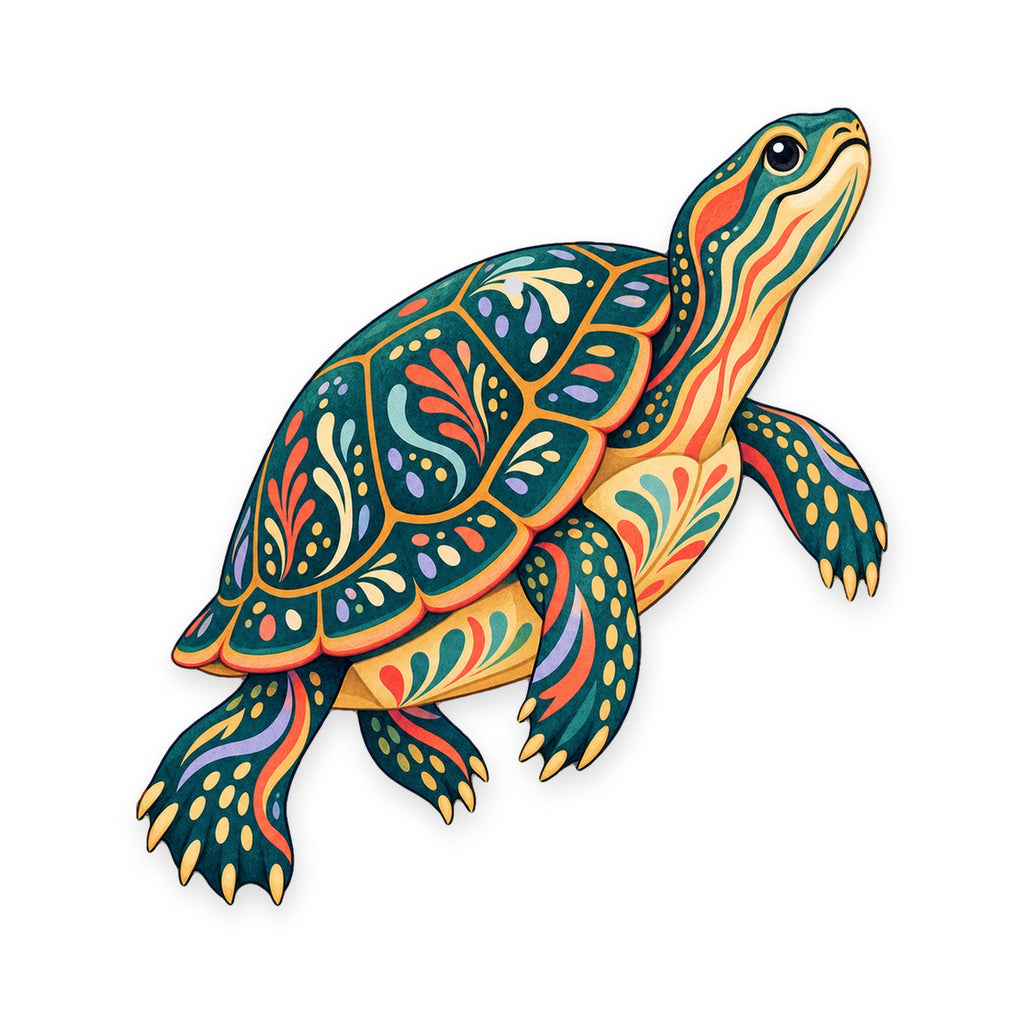 Painted Turtle folk art ornament O223 on white, laser-cut maple wood, made in USA