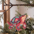 Laser-cut maple wood Snapping Turtle folk art ornament O224 hanging on a fir branch, made in USA