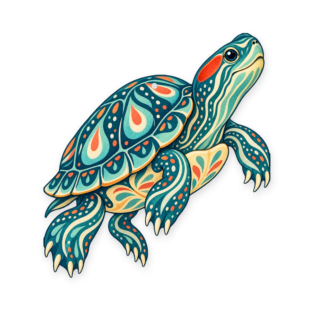 Red-Eared Slider folk art ornament O225 on white, laser-cut maple wood, made in USA