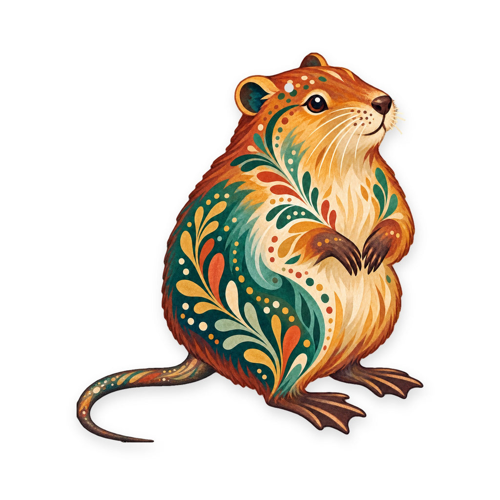 Muskrat folk art ornament O227 on white, laser-cut maple wood, made in USA