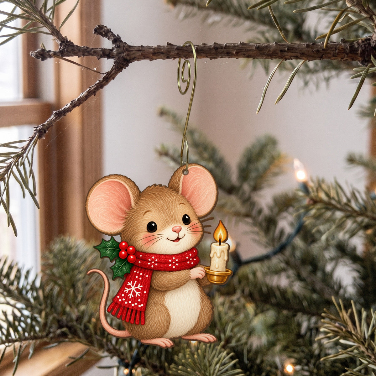 Laser-cut maple wood Christmas ornament O22 hanging on a fir branch, made in USA