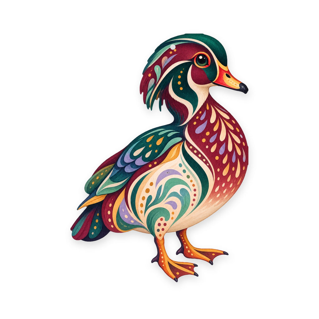 Wood Duck folk art ornament O230 on white, laser-cut maple wood, made in USA