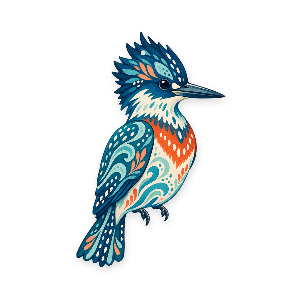 Belted Kingfisher folk art ornament O233 on white, laser-cut maple wood, made in USA