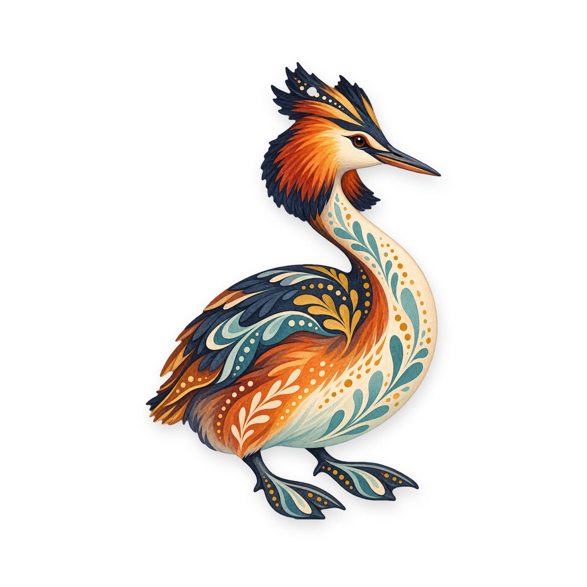 Great Crested Grebe folk art ornament O234 on white, laser-cut maple wood, made in USA