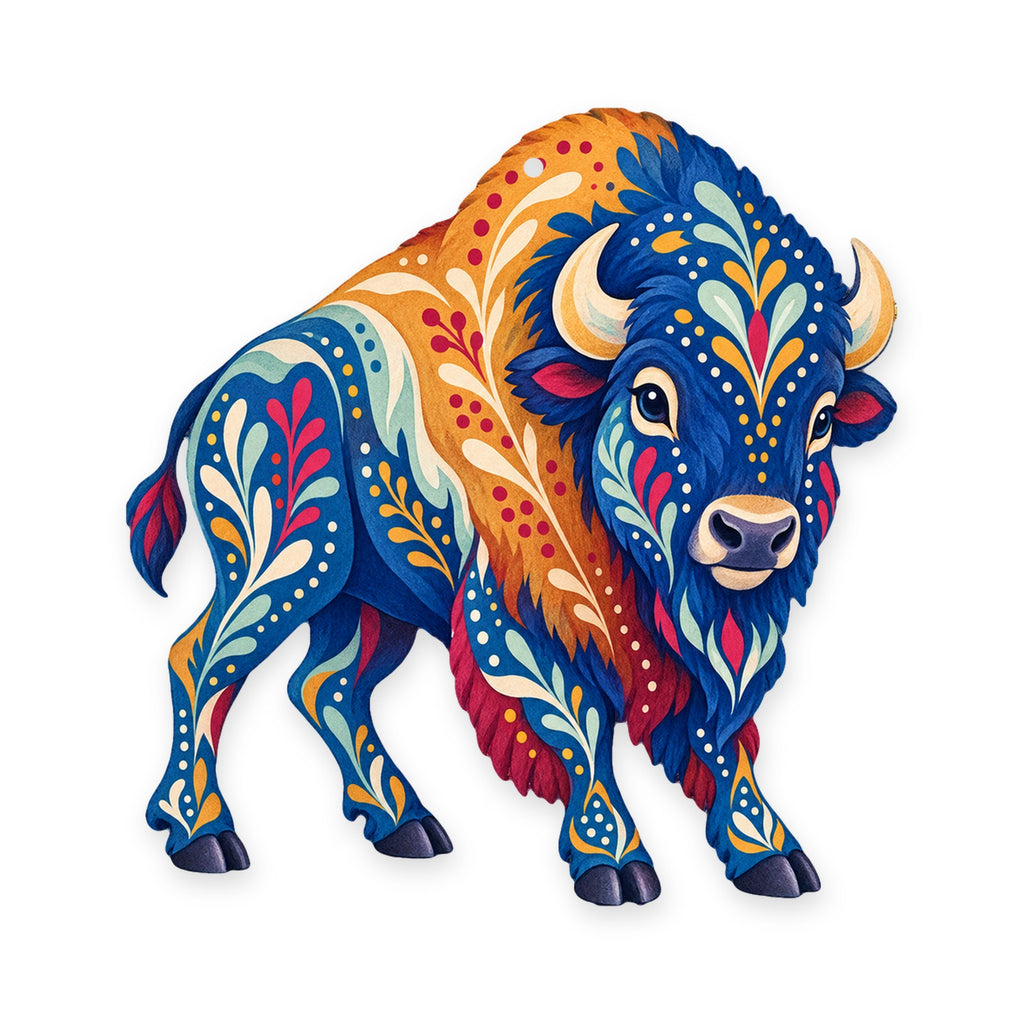 American Bison folk art ornament O237 on white, laser-cut maple wood, made in USA